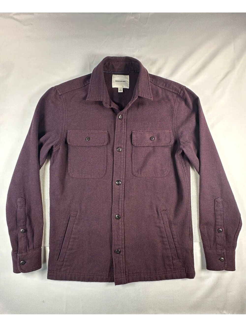 Goodthreads Men's Herringbone Tweed Button-Down Shacket Burgundy Sz Sm (144)